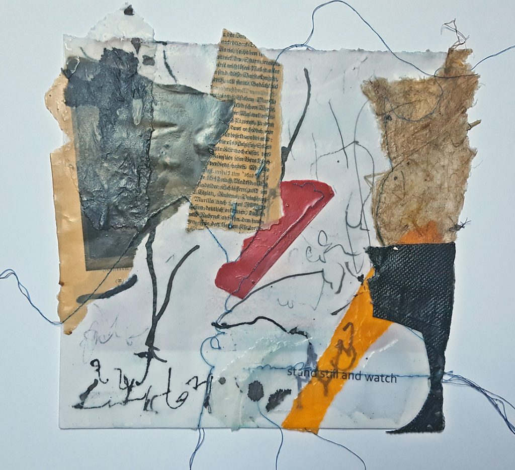Carmen Kirkpatrick-Russ, "sit down", Collage (Wachs, Tusche, Fäden), 30 x 40 cm, 420 EUR